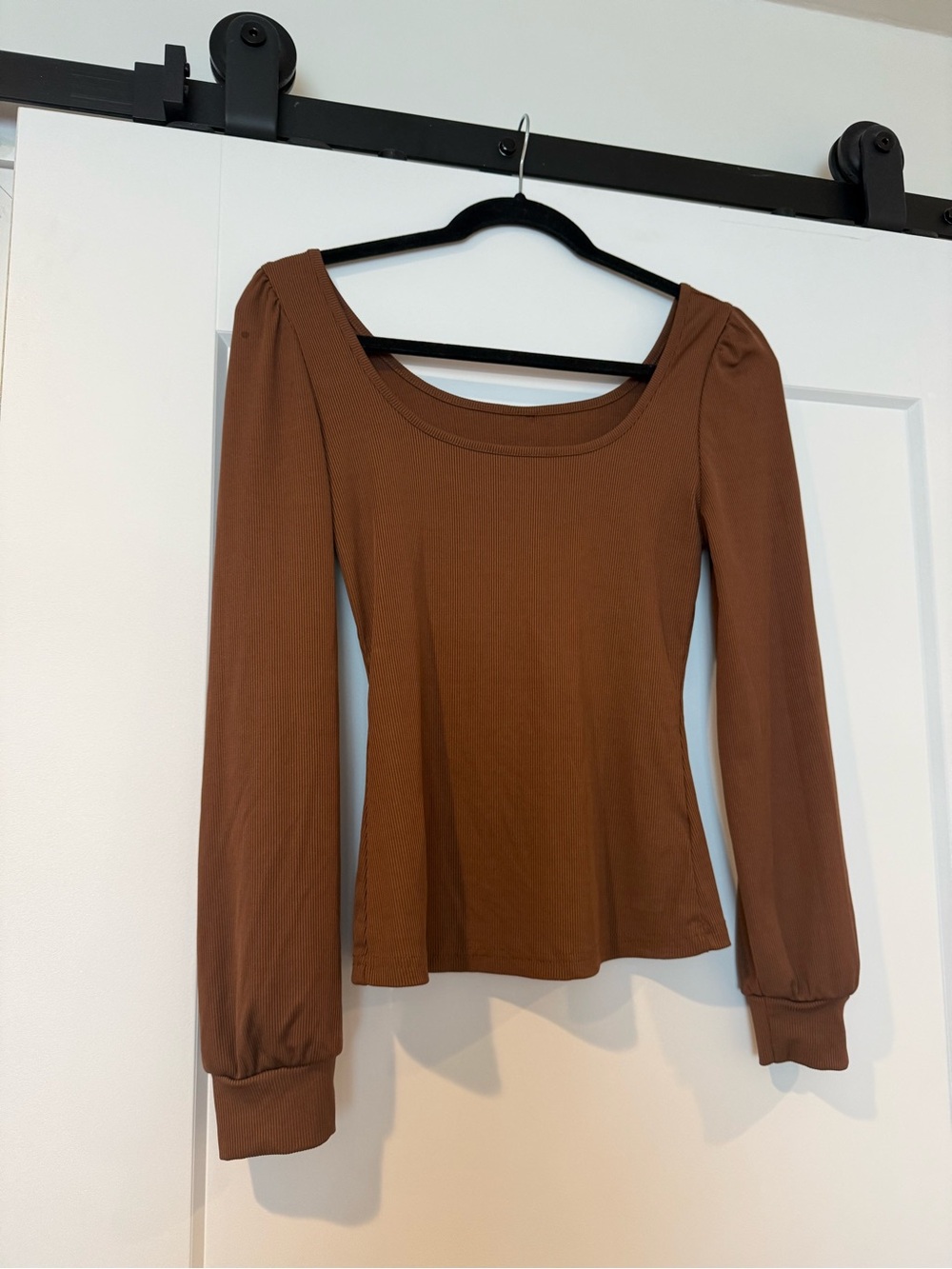 Amazon Brown Scoop Neck Long Sleeve Top with Puff Shoulders